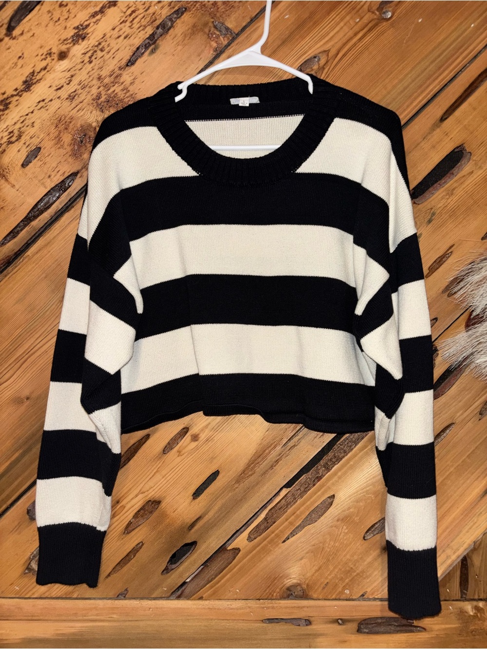 Le Lis Black & White Striped Cropped Crew Boutique Sweater